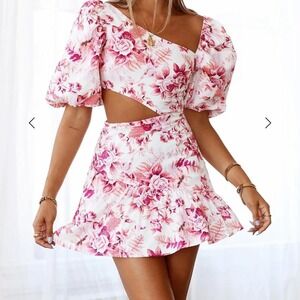 Hello Molly • Floral Cutout Puff Sleeve Square Neck Mini Dress Pink White XS US2